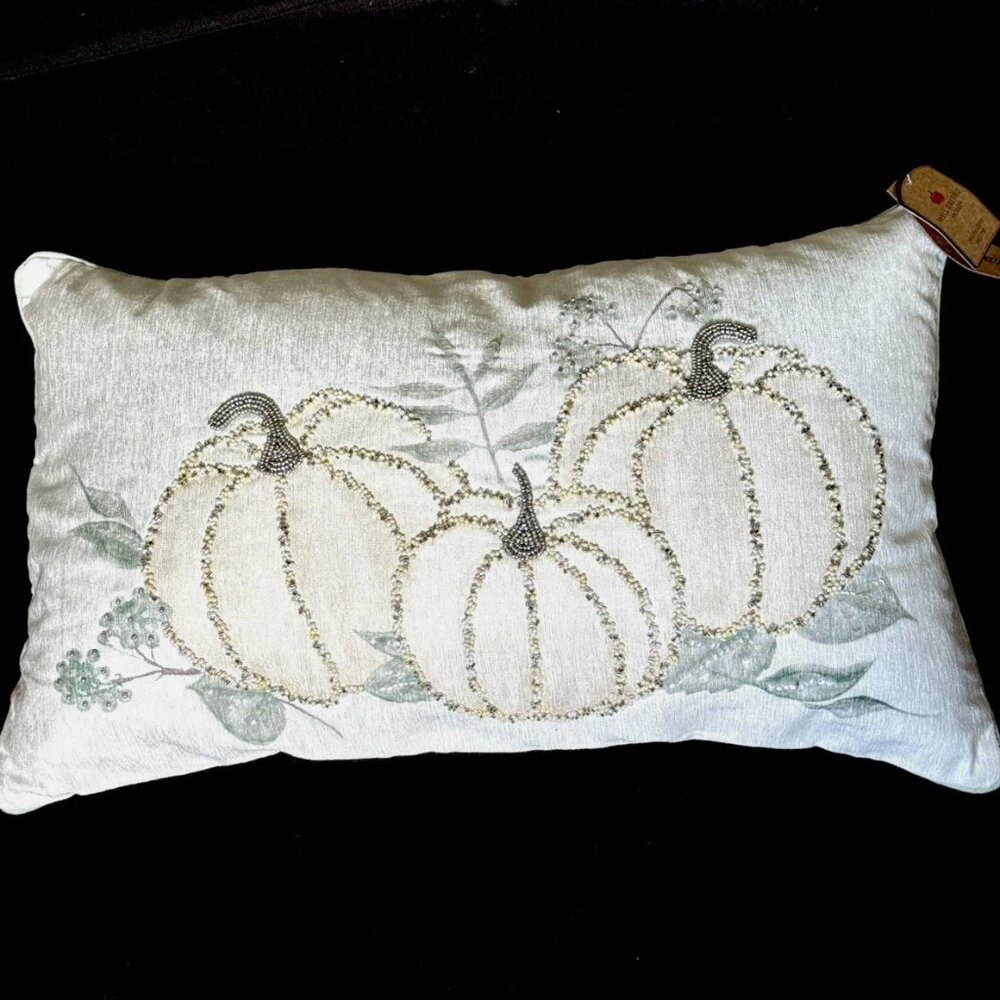 Beaded Cream Pumpkin Lumbar Pillow Sage Green Feather Fill Fall Decor 16x30" NEW